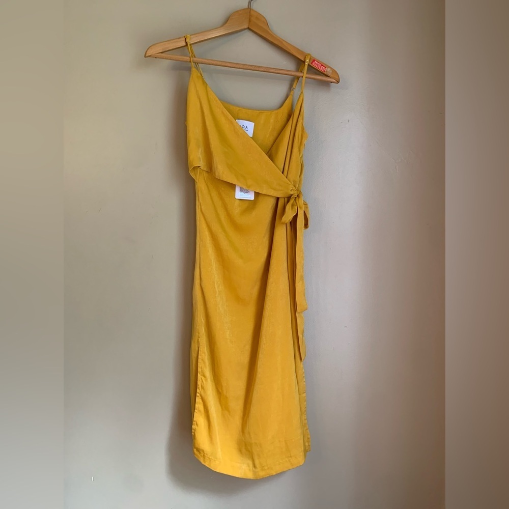 J.O.A. Mustard yellow Slip Midi Dress Spaghetti Strap faux wrap size small